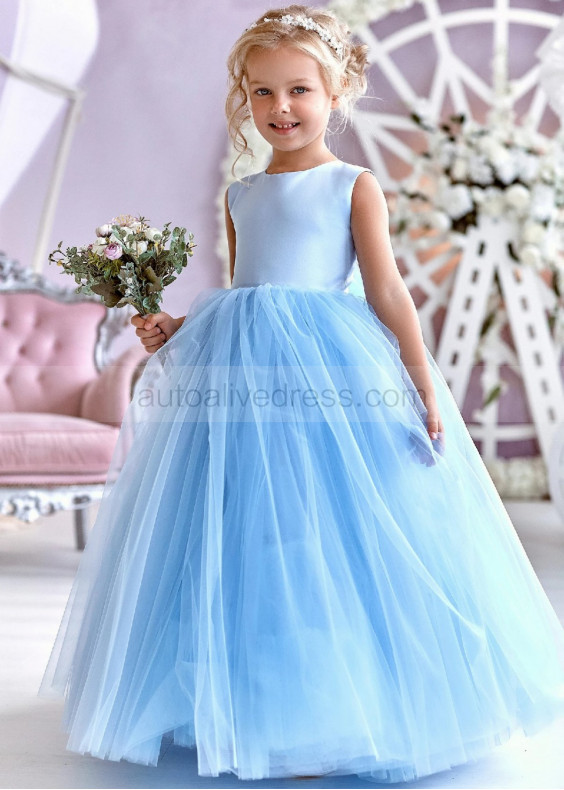 Beaded Blue Satin Tulle Heart Back Flower Girl Dress